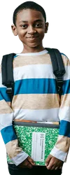 Erudite Tuition Primary School Student wearing a backpack and holding textbook excited to learn.