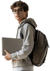 Erudite Tuition Senior School Student wearing a backpack and holding a laptop before class.