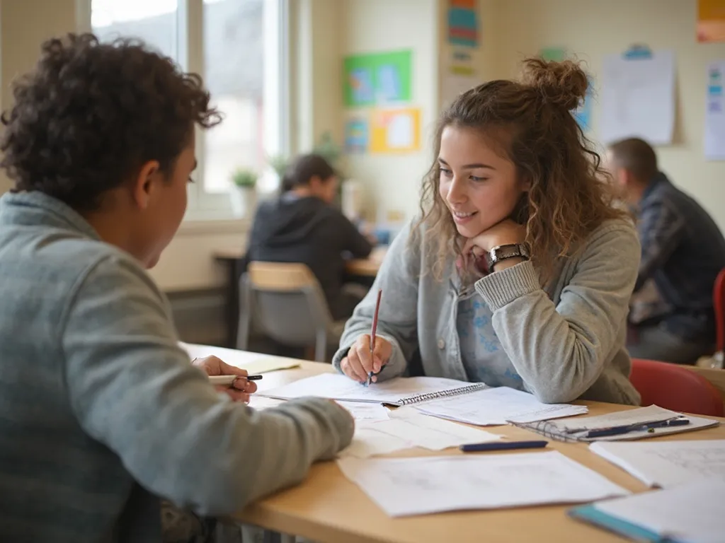 A tutor working one-on-one with a student with ADHD, using visual aids and interactive exercises in a calm and supportive environment.