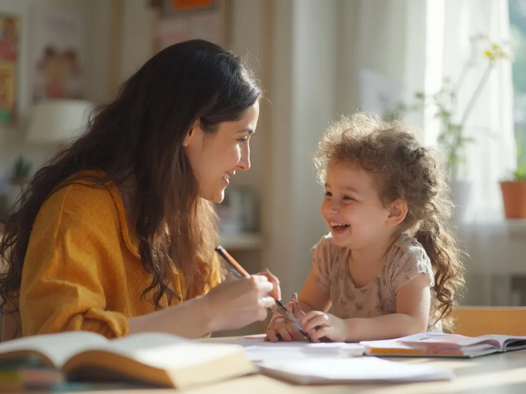 A tutor engaging with a child in a supportive environment, providing positive reinforcement, with the child confidently completing a task.