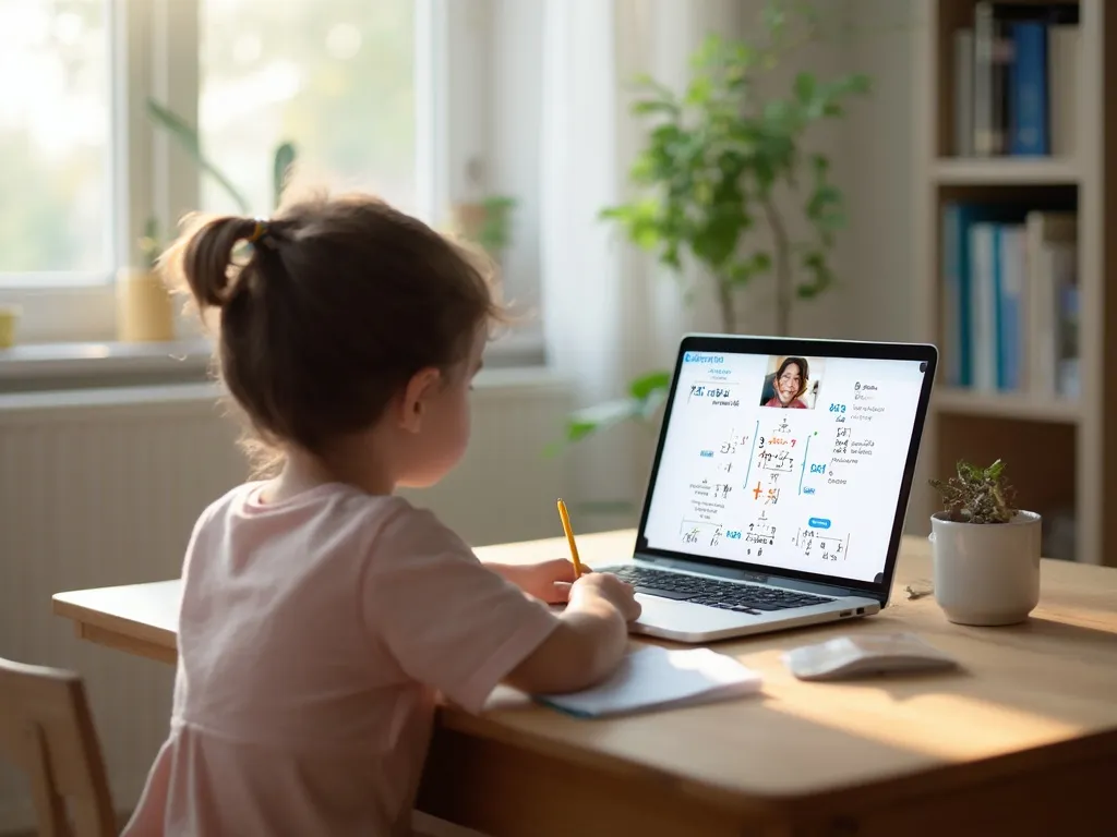 Child receiving online math tutoring at home with a virtual tutor visible on the laptop screen.