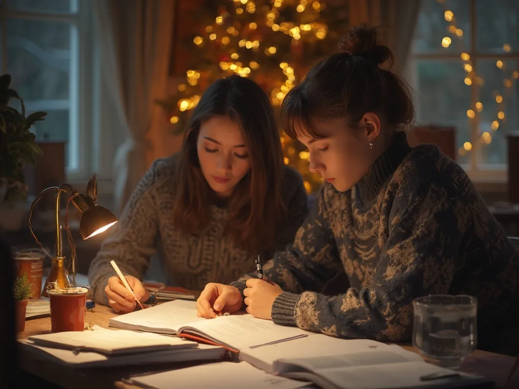 A student engaged in a tutoring session during Christmas break, with festive decorations in the background and a warm, cosy study environment.