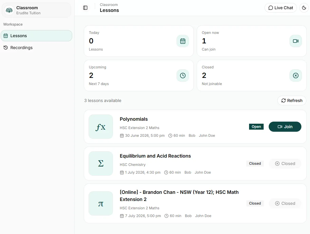 Erudite online classroom lesson launch screen showing upcoming lessons and a join button.