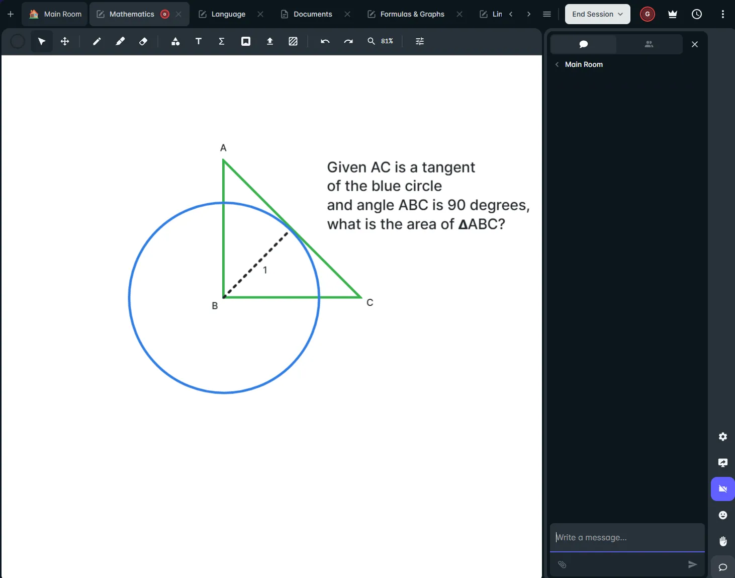 Erudite online classroom live whiteboard with geometry work, room tabs, chat, and lesson tools.