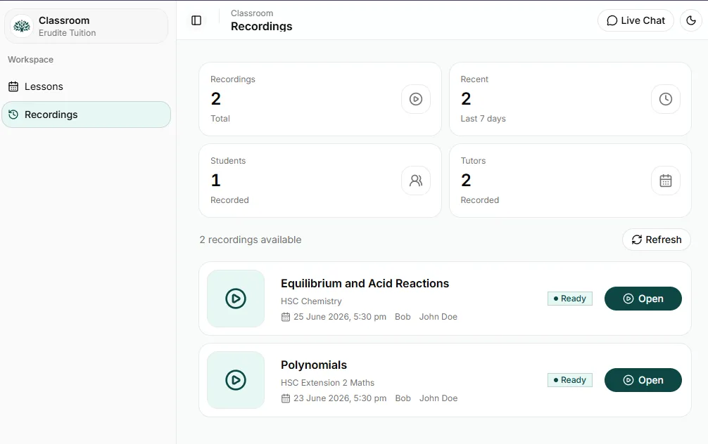 Erudite online classroom recordings screen showing completed lesson recordings ready to open.