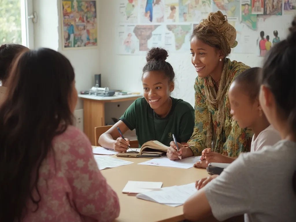 A diverse group of students and a tutor engaged in a culturally sensitive tutoring session, with visual aids representing different cultures in a welcoming and inclusive environment.