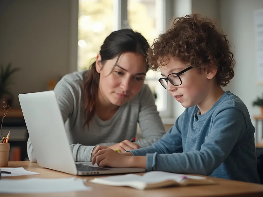 A young student with dyslexia learning online with a tutor, using visual aids and assistive technology in a supportive environment.