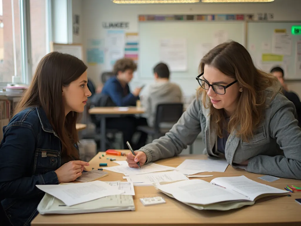 A tutor guiding a student through exam preparation, using practice questions and study materials in a quiet, supportive study environment.