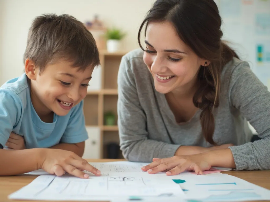 A female tutor assisting a young primary school student with math questions, creating a positive and engaging learning environment.