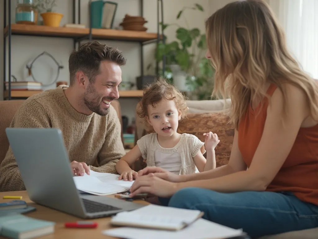 A parent and child meeting with a tutor in a welcoming home environment, discussing goals and teaching methods in a positive and collaborative atmosphere.
