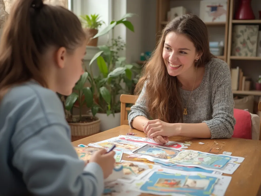 A tutor engaging a student in a fun and interactive English lesson, using visual aids and activities like board games and picture descriptions.