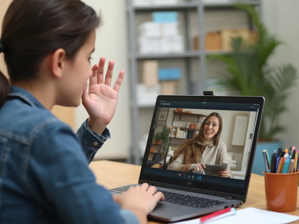 A high school student waving at the camera during an online English tutoring session, engaged and focused on learning.
