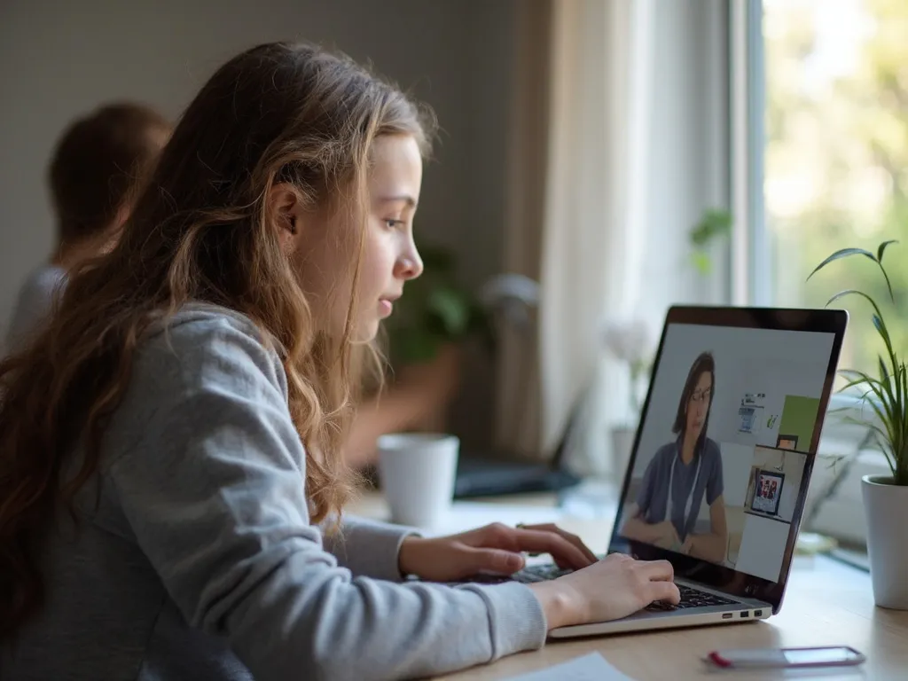 A high school student engaged in an online tutoring session, sitting at a desk with a laptop, focused and interacting with a tutor on the screen.