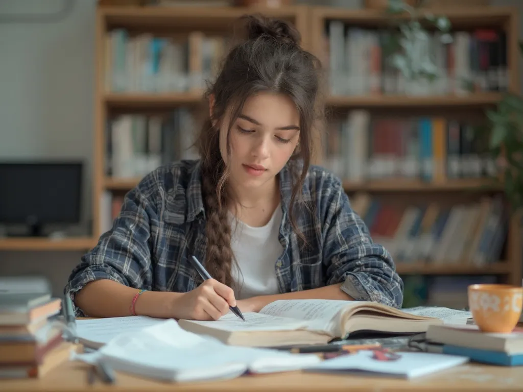 A high school student reading a book on maths and English tutoring, focused and engaged in a productive learning environment.