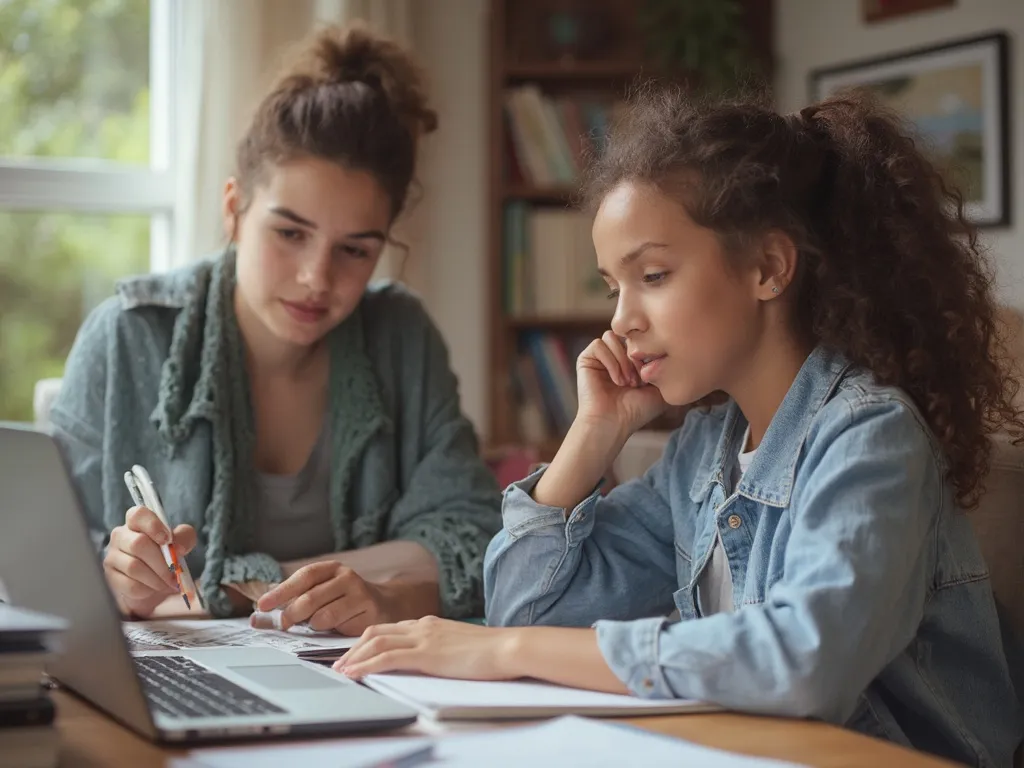 A homeschooled student receiving tutoring at home, with a tutor using visual aids and interactive tools in a supportive and focused study environment.