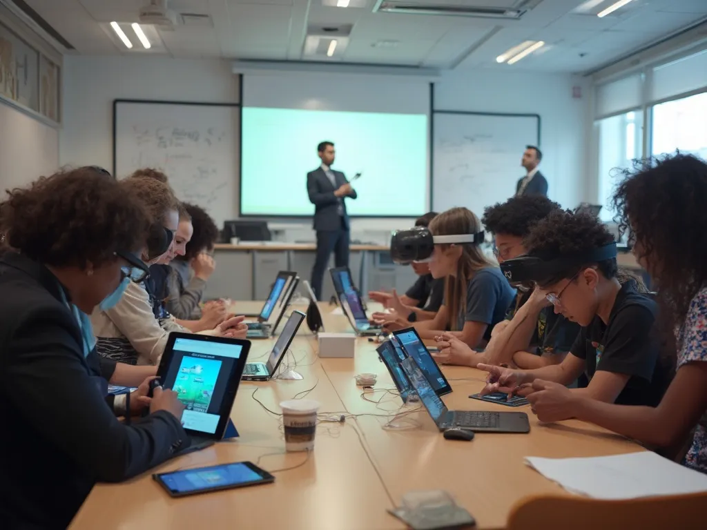 Students engaged in a modern classroom using digital tools like tablets and interactive whiteboards, reflecting the impact of technology on education.