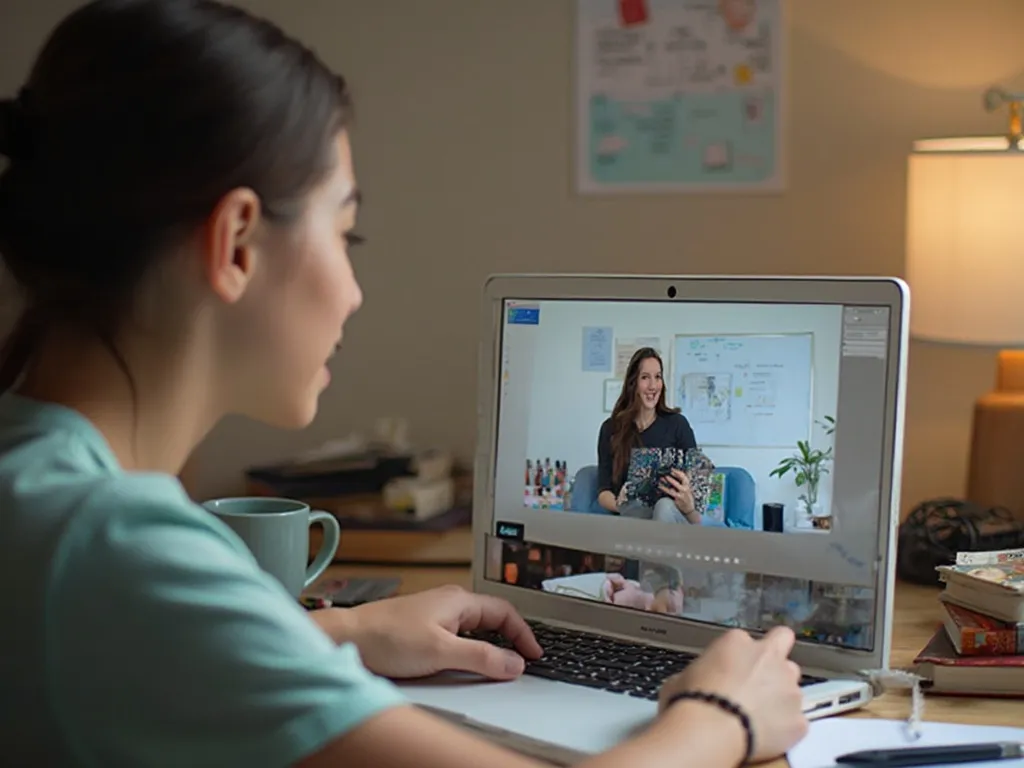 A student engaged in an online English tutoring session at home, sitting at a desk with a laptop, surrounded by educational posters and study materials in a cosy environment.