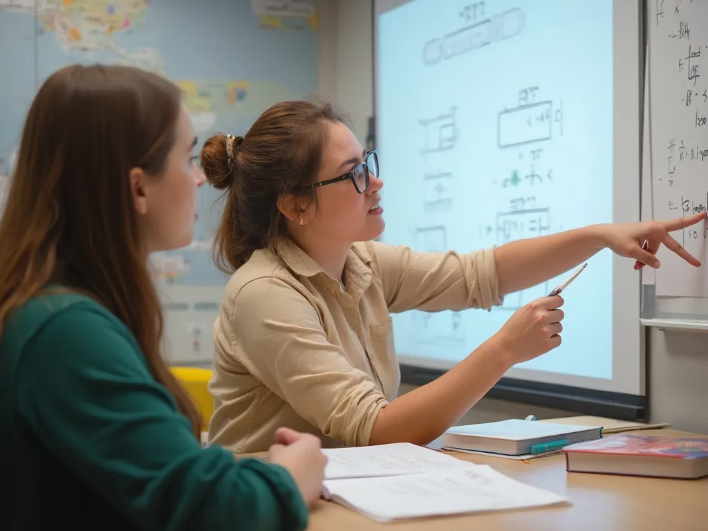 A tutor helping a student prepare for a big maths test, explaining key concepts in a supportive and focused learning environment.