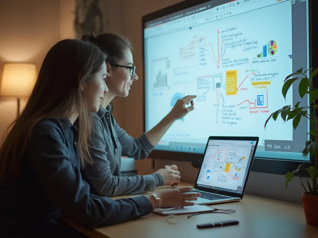 A modern tutoring session with a tutor and student using digital tools like a virtual whiteboard, reflecting a tech-savvy and interactive learning environment.
