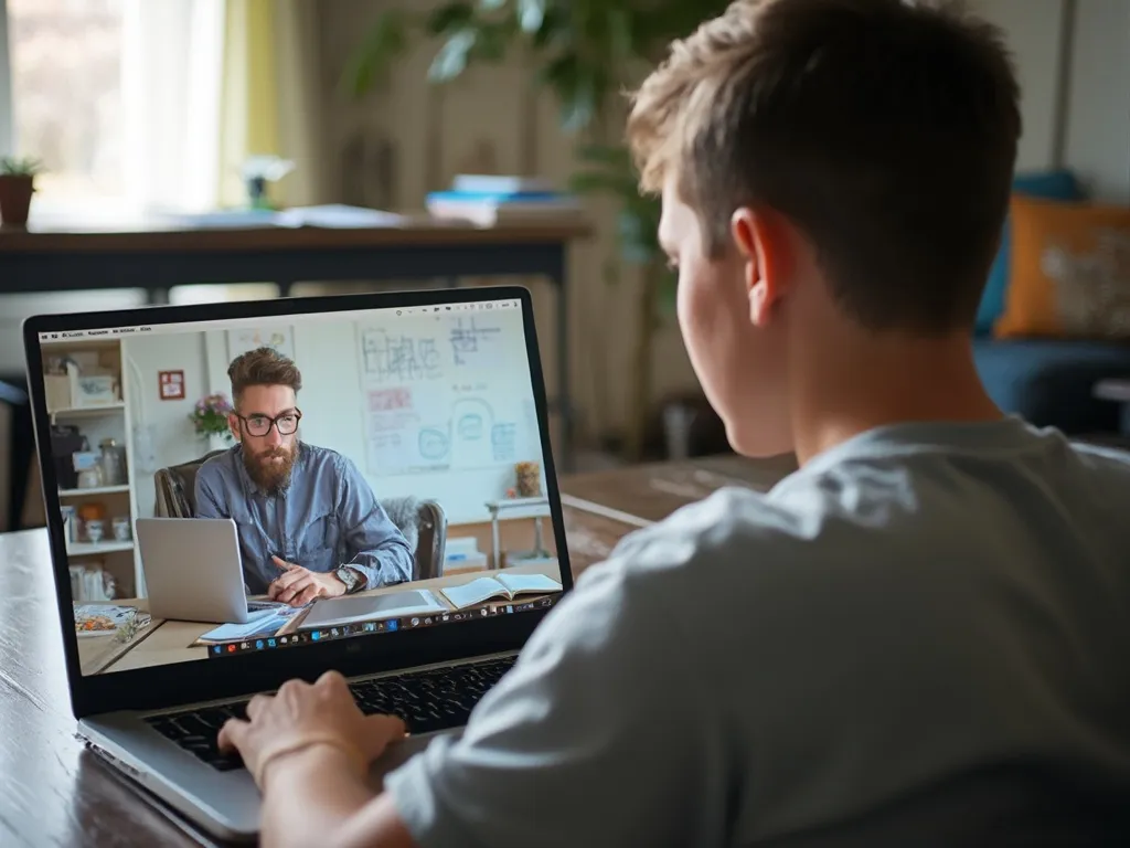 A male student learning maths online with a male tutor, engaged and focused in a home setting during an online tutoring session.