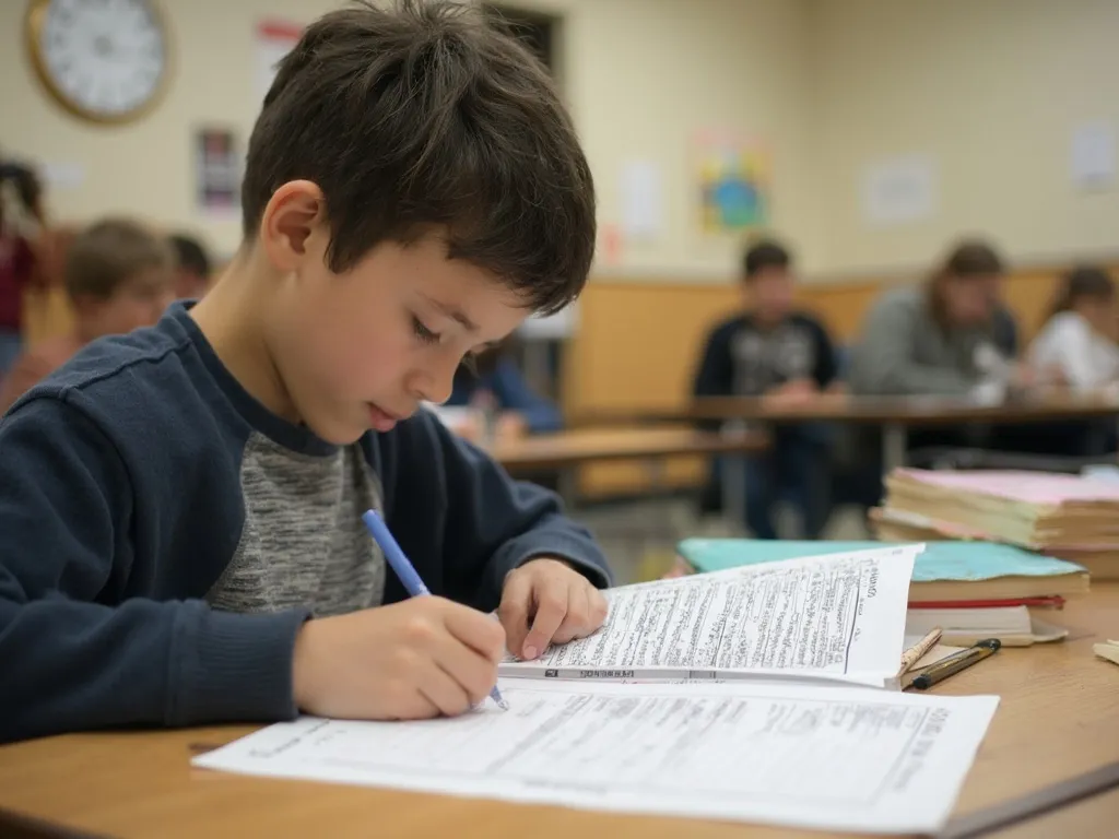 A student preparing for the Opportunity Class Test, studying with practice papers and textbooks in a well-organized study environment.