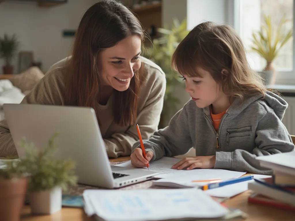 A parent supporting their child with schoolwork at a well-organised study space, discussing lessons and providing encouragement.