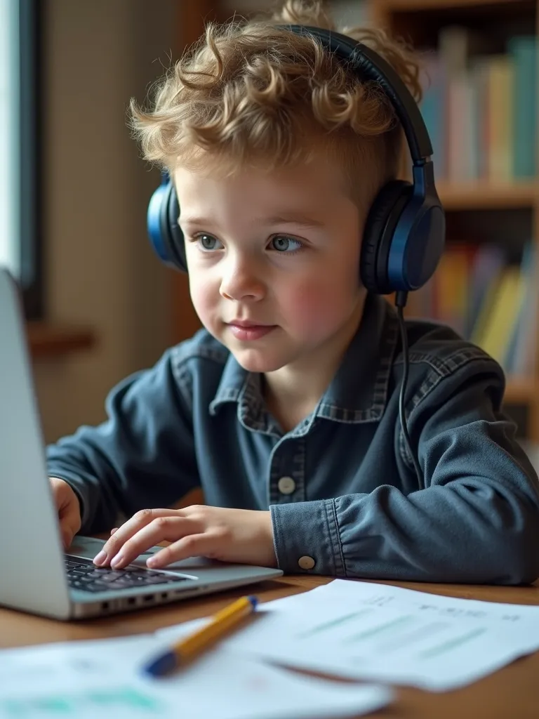 A happy primary school student learning with a tutor via an online platform, showing a customised learning plan on the screen.