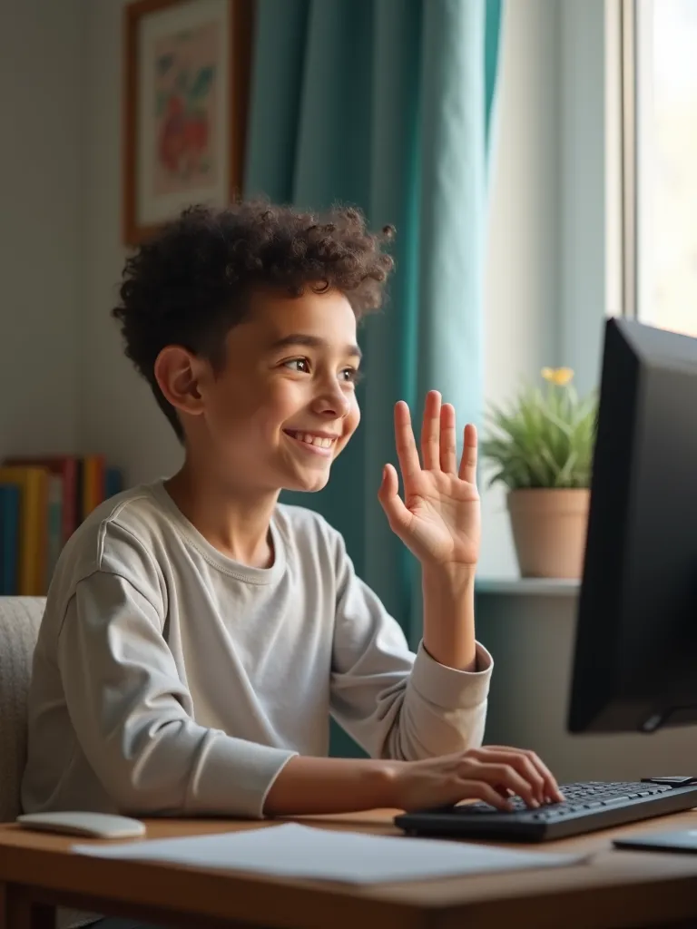 primary school student studying for the opportunity class exam waving goodbye to their online tutor.
