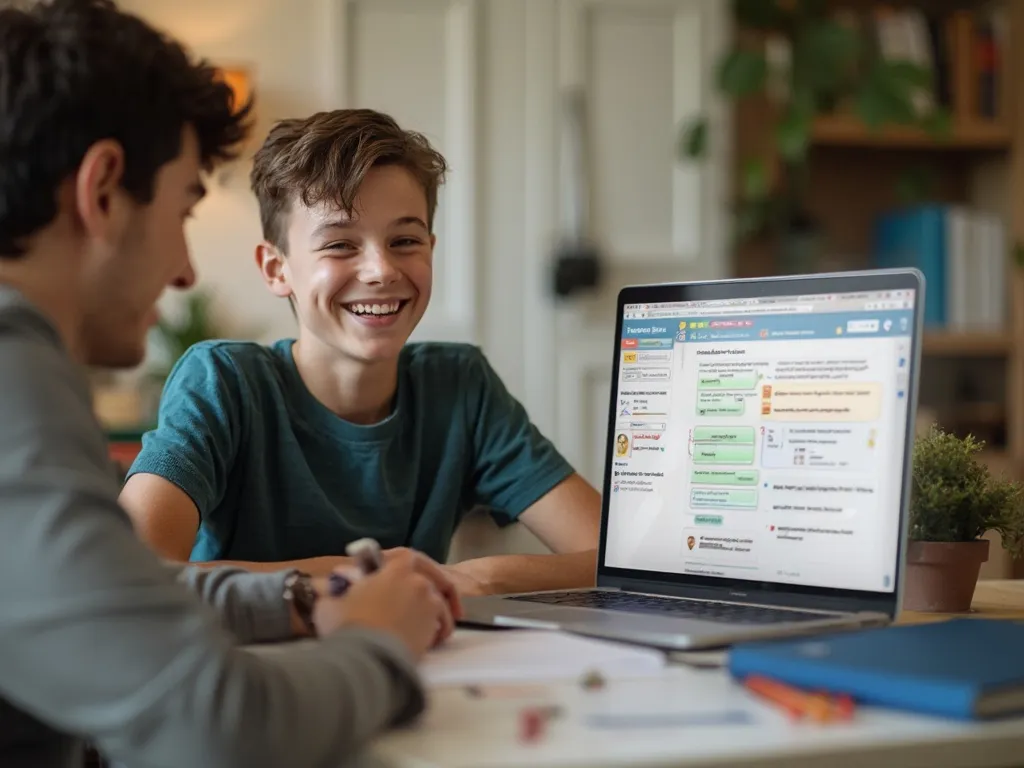 Primary school tutor helping a young male student with homework in a cosy home setting