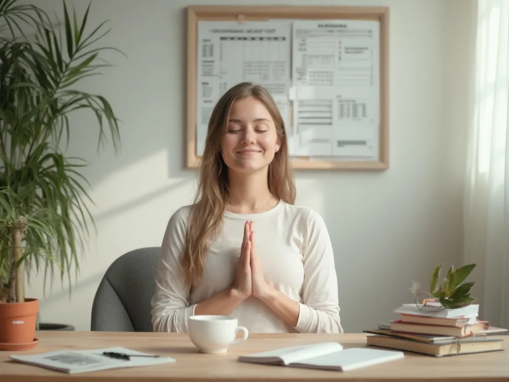 Student practicing mindful meditation in a calm, organized study environment with a visible study schedule, books, and a potted plant, creating a serene atmosphere for focused learning.