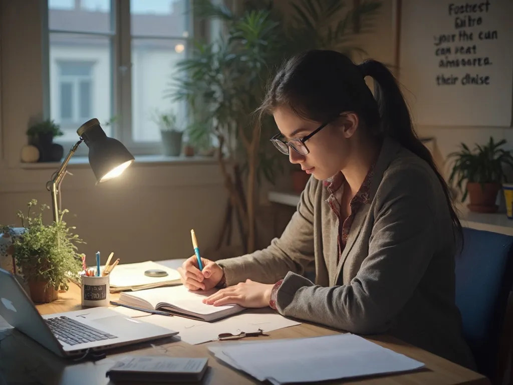 A student actively summarising notes at a tidy desk, with a timer set to the Pomodoro technique, in a distraction-free study environment.