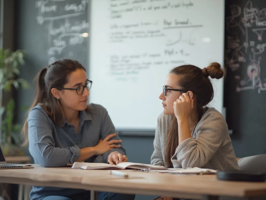 A tutor and student engaged in a thoughtful discussion during a tutoring session, with the tutor asking open-ended questions and a whiteboard in the background showing a complex problem.