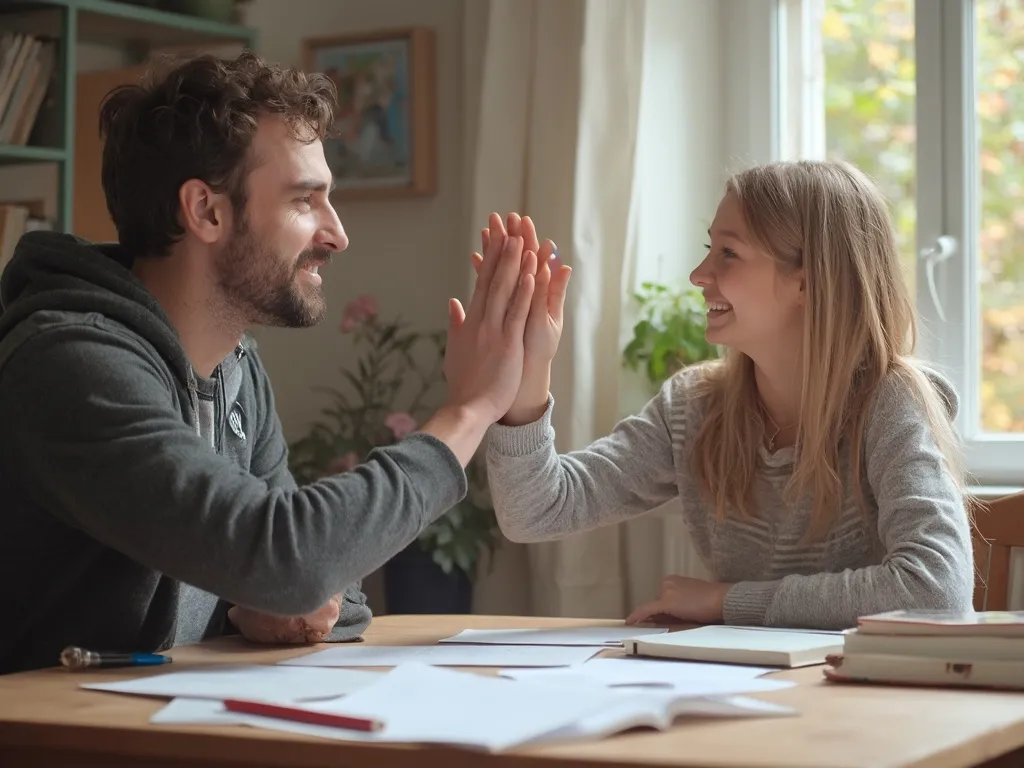 Male tutor high-fiving a young female student after a successful tutoring lesson at home.