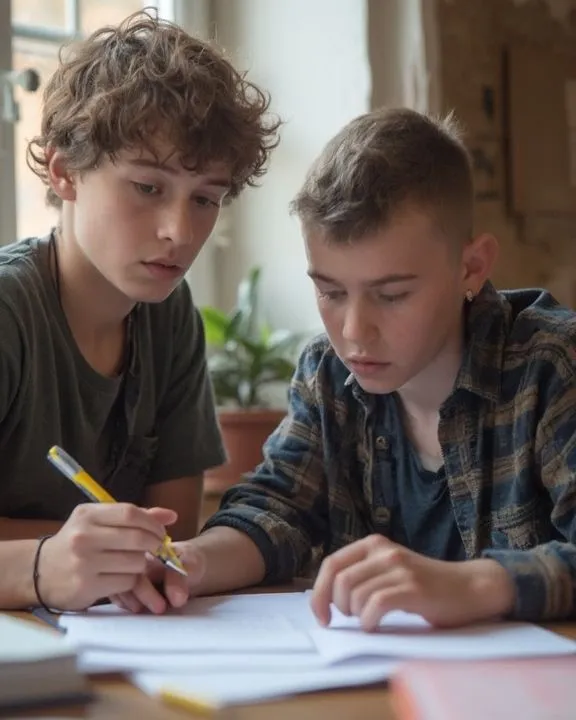 A male year 7 maths student working on a problem with an Erudite Tuition maths year 7 tutor looking over his shoulder and assisting him