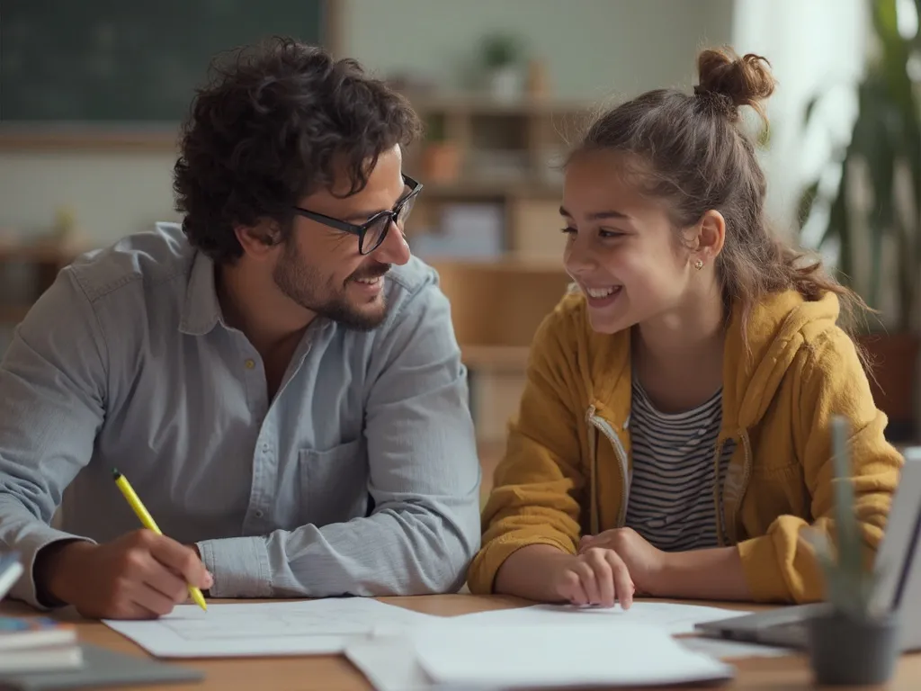 Tutor puzzled by a math question while a smiling student looks on during a tutoring session