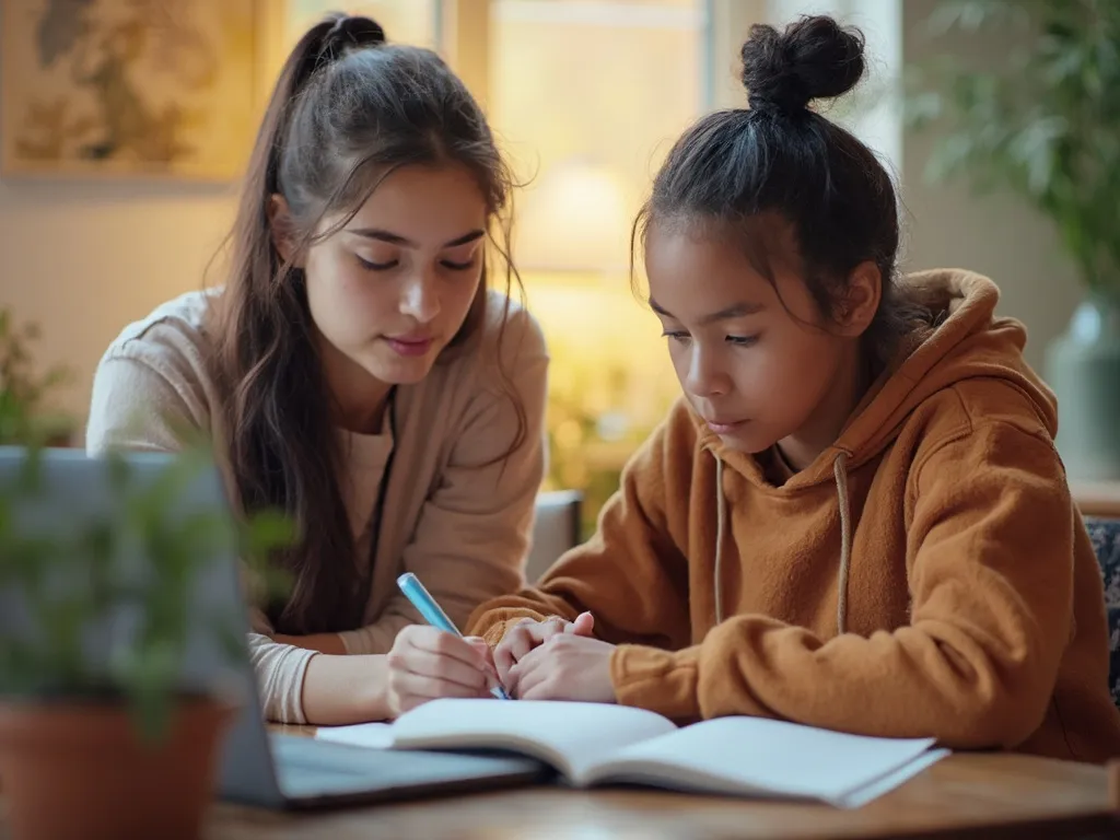 A tutor guiding a student through a learning activity in a supportive and empowering one-on-one session, fostering confidence and understanding.
