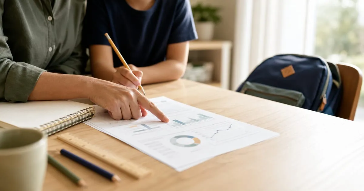 Parent and child reviewing an anonymized NAPLAN-style school report at a home table