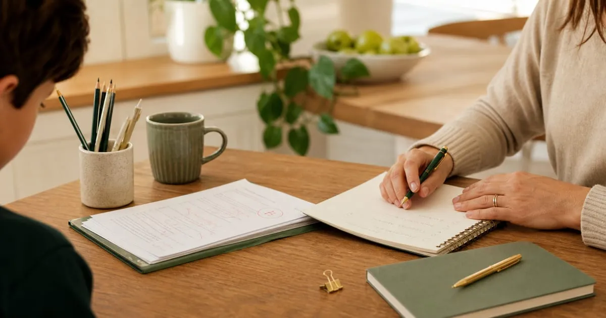 Parent and child reviewing a disappointing school assessment calmly at a warm home study table