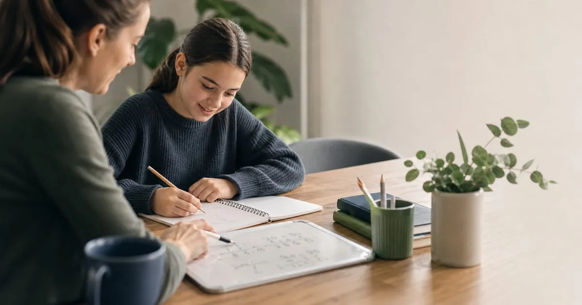 Tutor and student working calmly through a maths problem at a home study table