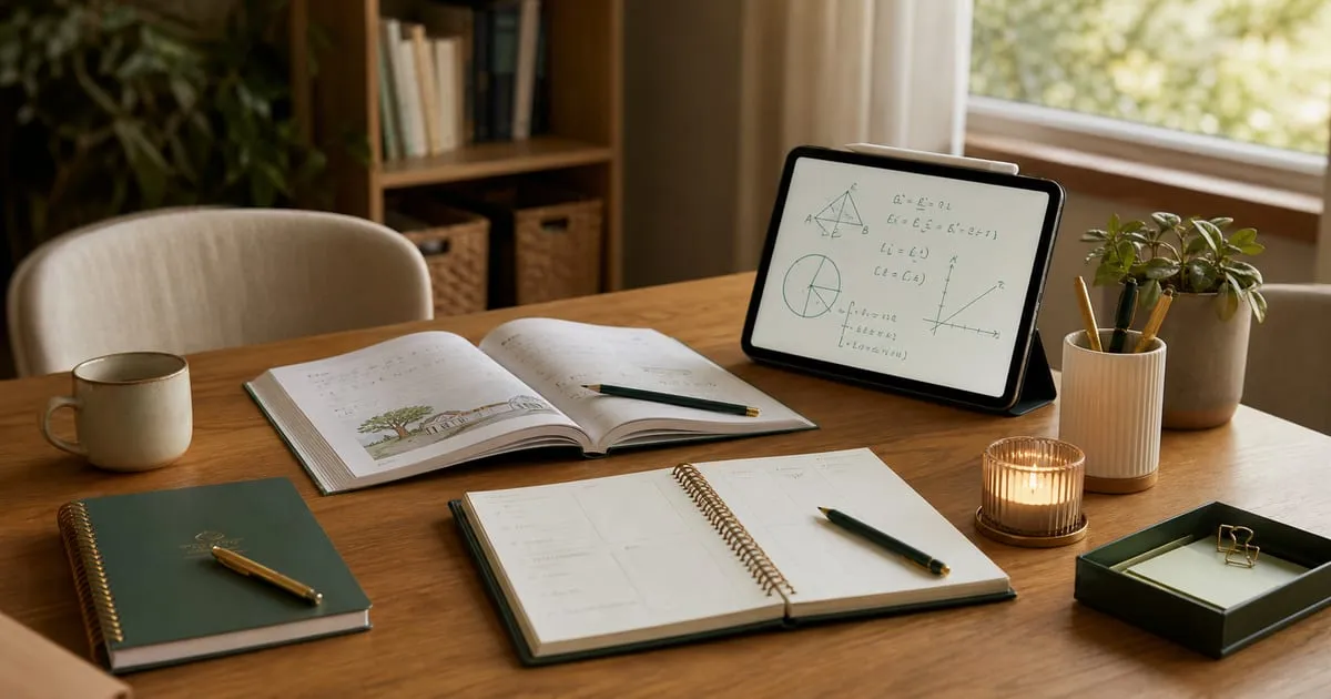 Calm home study setup with workbook, tablet notes, and a planned homework routine