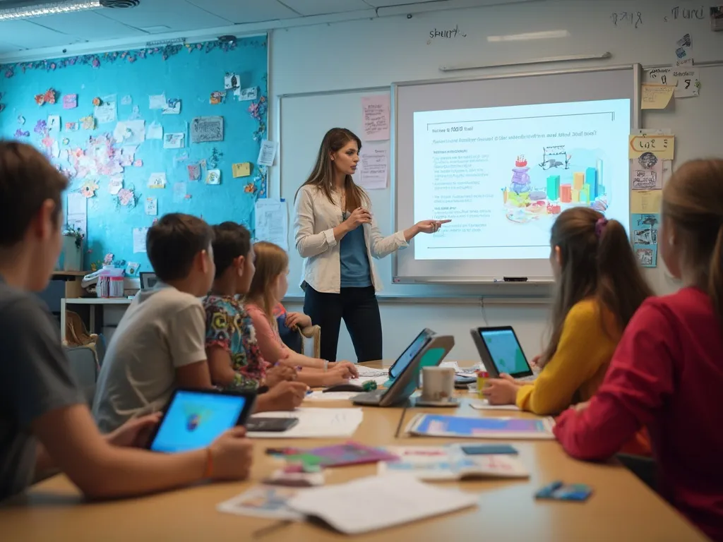 A tutor using interactive whiteboards, multimedia, and educational games to engage students in a vibrant classroom, with students actively participating using tablets and other digital tools.